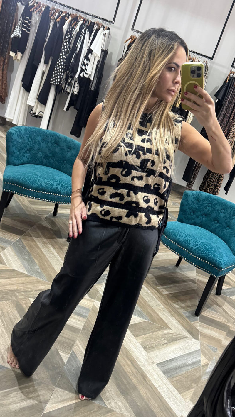 Striped Leopard Open Side Tie Sweater Vest
