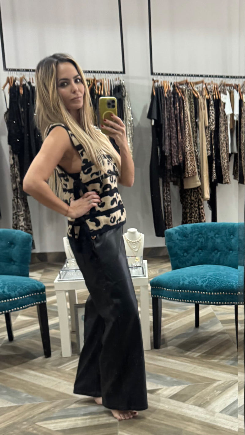 Striped Leopard Open Side Tie Sweater Vest