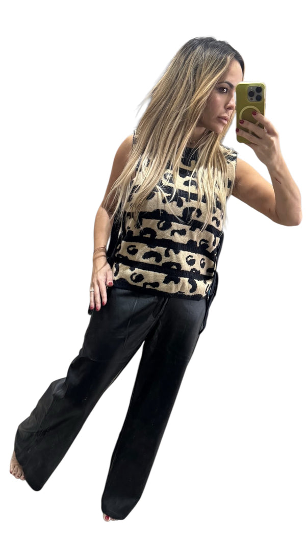 Striped Leopard Open Side Tie Sweater Vest