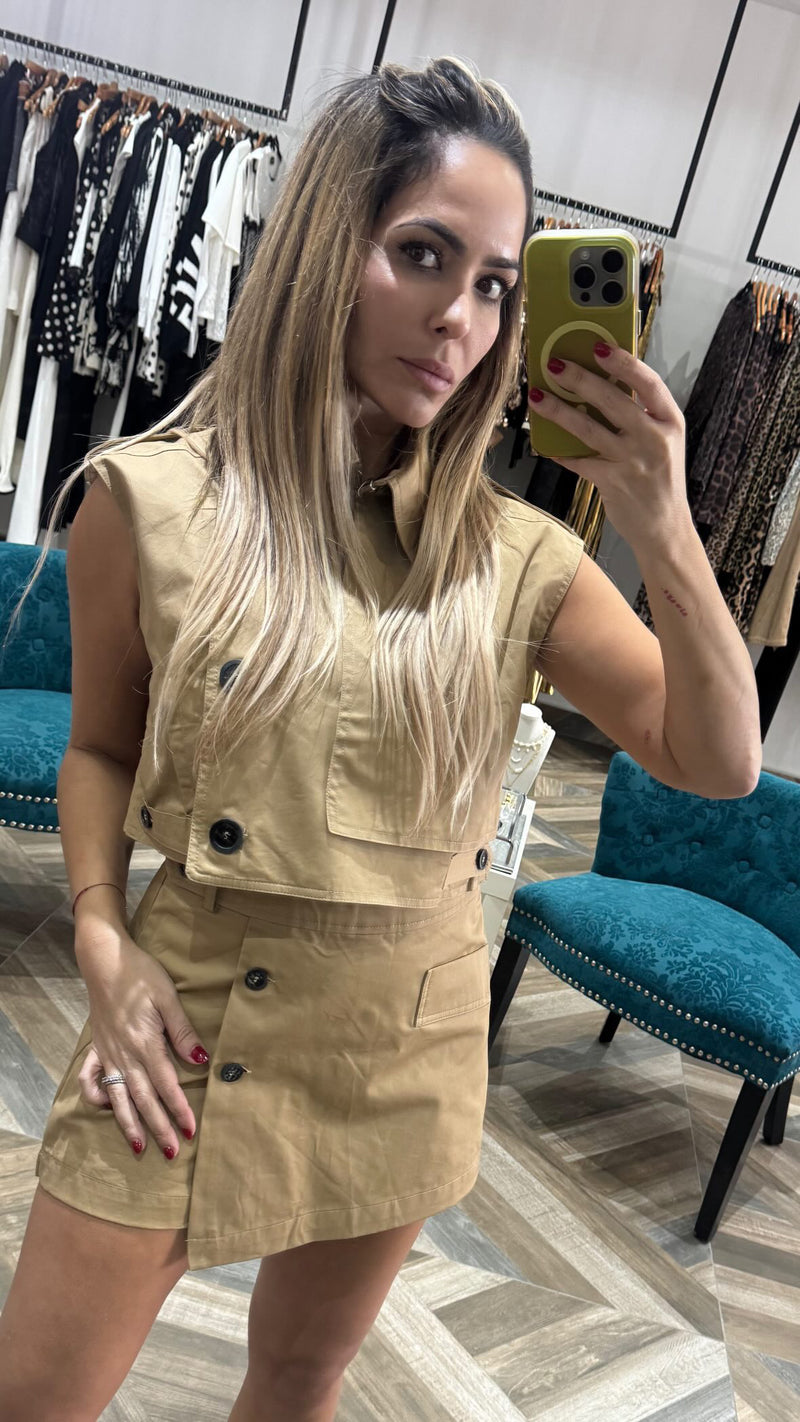 Bold Button Detail Matching Cropped Vest & Skort