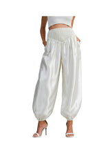 Satin High Waisted Pants With Smocked Waistband