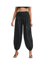 Black Satin High Waisted Pants With Smocked Waistband
