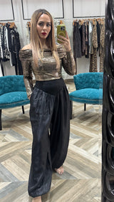 Black Satin High Waisted Pants With Smocked Waistband
