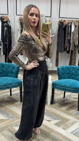 Black Satin High Waisted Pants With Smocked Waistband
