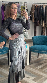Metallic fringe maxi skirt