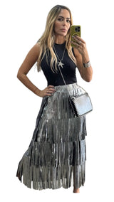 Metallic fringe maxi skirt