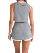 Gingham Plaid Collar Sleeveless Top And Skort Set