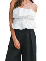 White-Strapless Bubble Peplum Top With Elastic Waist