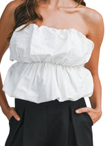 White-Strapless Bubble Peplum Top With Elastic Waist