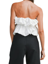 White-Strapless Bubble Peplum Top With Elastic Waist