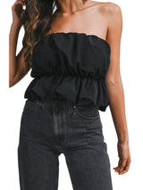 Black-Strapless Bubble Peplum Top With Elastic Waist