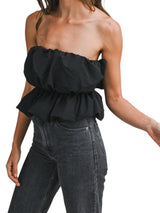 Black-Strapless Bubble Peplum Top With Elastic Waist