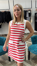 Striped Sleeveless Knit Mini Dress With Pockets