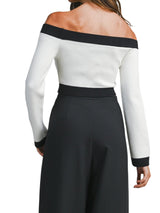 Off Shoulder Contrast Trim Knit Cropped Sweater