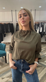 Sleeve Cinched Mock Neck Blouse