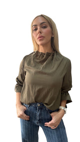 Sleeve Cinched Mock Neck Blouse