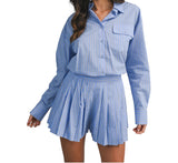 Striped Collar Button Down Shirt And Shorts Set