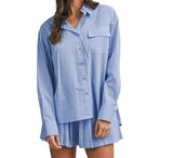 Striped Collar Button Down Shirt And Shorts Set