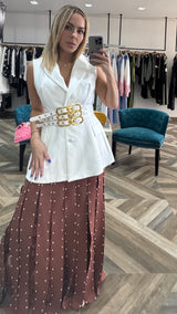 Beaded-embellished Pleated Sheer Skirt