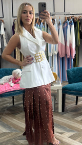 Beaded-embellished Pleated Sheer Skirt