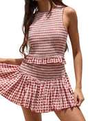 Checker Crew Neck Fit-in Top & Mini Skort Set