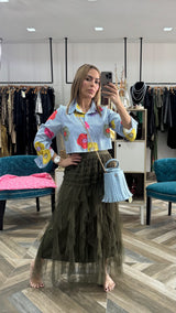 Flower  Stripe Blue Blouse