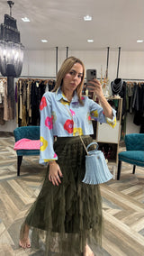 Flower  Stripe Blue Blouse