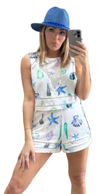 Printed Linen Sleeveless Top And Short Set With Lace Tape Detail
