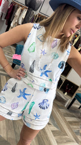 Printed Linen Sleeveless Top And Short Set With Lace Tape Detail
