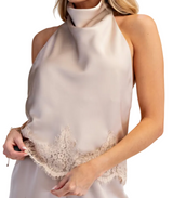 Satin Halter Neck Open Back Lace Trim Set
