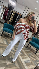 Terra cotta striped off shoulder top