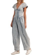 Denim Short Sleeve Pintucked Waist Barrel Jumpsuit