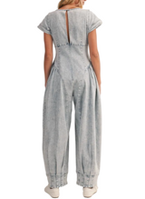 Denim Short Sleeve Pintucked Waist Barrel Jumpsuit