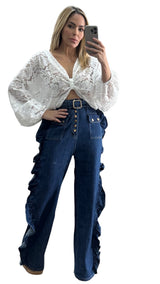 Dark Denim Ruffle Belted Jean