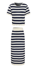 Knit Stripe Rope Embellished Midi Skirt and Top Set