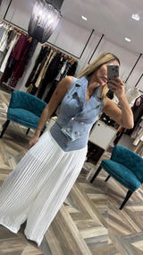 Denim Vest & Pleated Pants