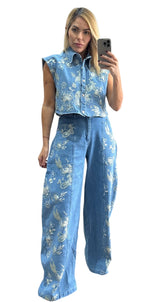 Denim Set With Stretchy And Embroidered