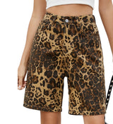 Pre Order-Washed Leopard Print Denim Shorts
