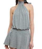 Narrow Stripe Print Halter Tie Backless Mini Dress