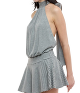 Narrow Stripe Print Halter Tie Backless Mini Dress