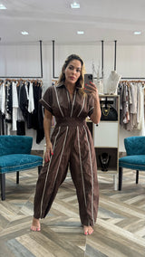 Short Sleeve Shirt Smocked Waist Barrel Jumpsuit