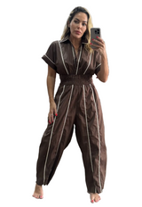 Short Sleeve Shirt Smocked Waist Barrel Jumpsuit