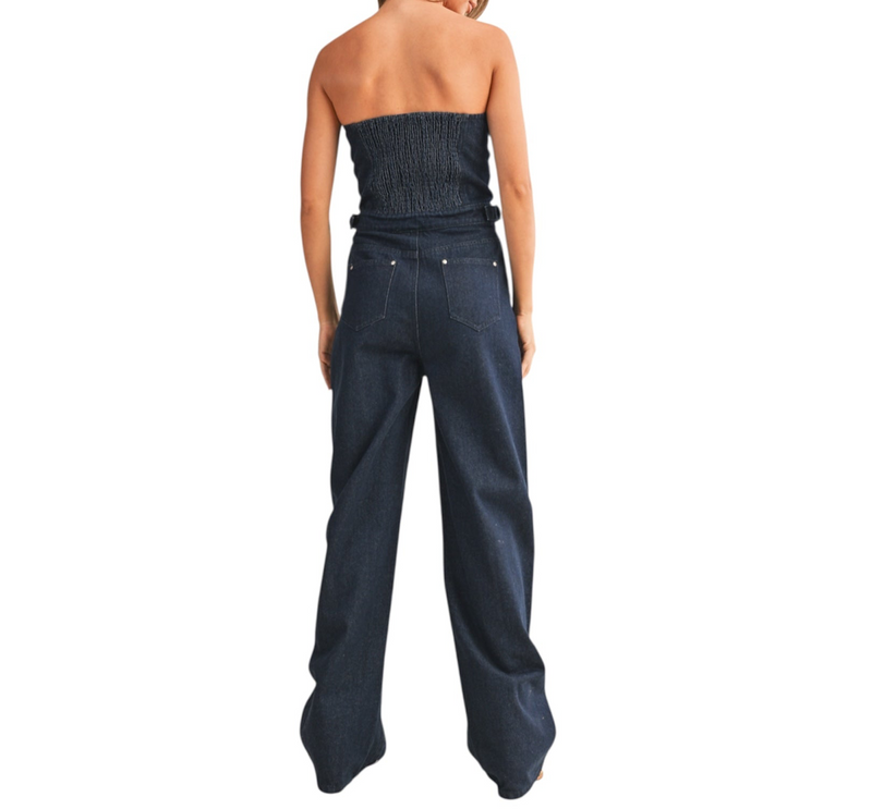 Strapless Stud Detailed Denim Jumpsuit