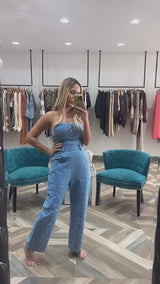 Denim Strapless Barrel Jumpsuit