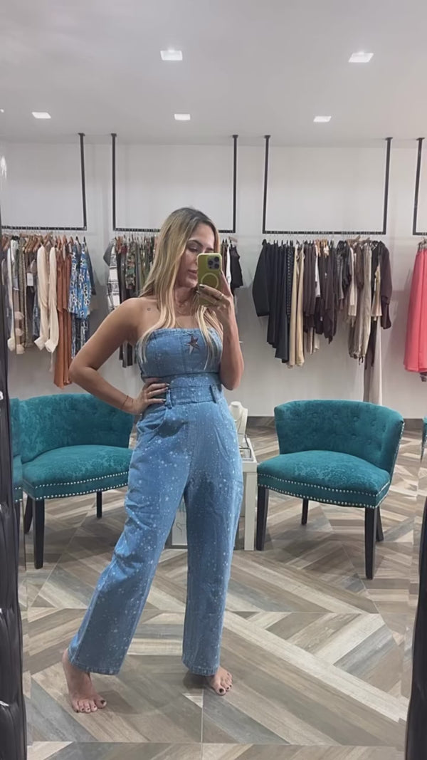 Denim Strapless Barrel Jumpsuit